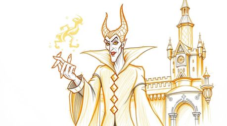 A captivating hand-drawn sketch depicts a classic Disney villain with sharp features and pale skin, casting a spell within an