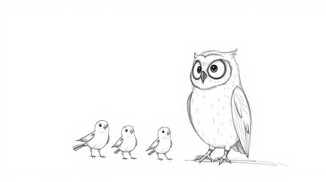 A charming hand-drawn sketch in the style of Pixar depicts a wise, blind owl with gentle features, patiently teaching a flock