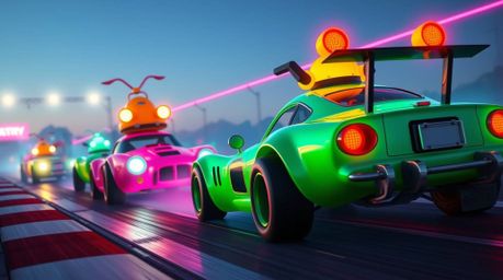 Experience a wacky racing scene filled with outlandish cars, brought to life with smooth gradients and glowing bioluminescent