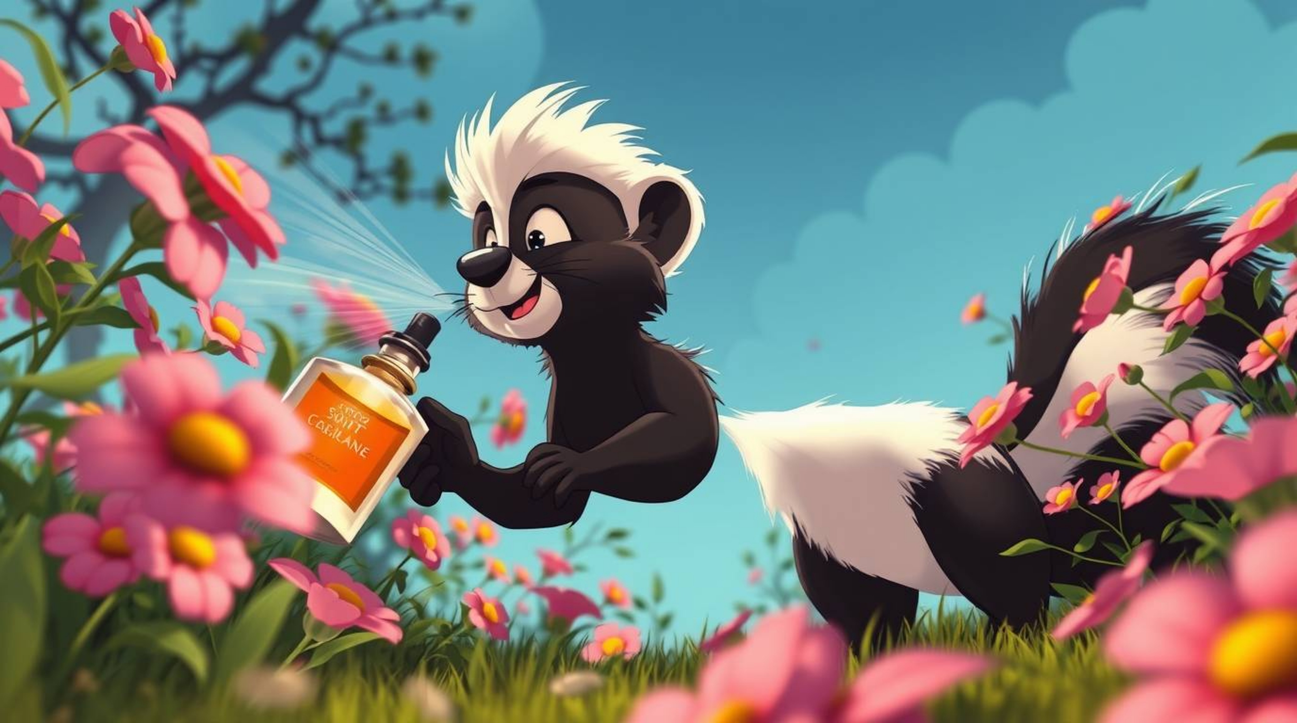 This artwork depicts a charming cartoon skunk in a playful scenario, spraying perfume onto delicate flowers from a low-angle 