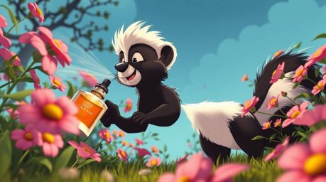 This artwork depicts a charming cartoon skunk in a playful scenario, spraying perfume onto delicate flowers from a low-angle 