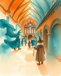 Immerse yourself in a magical school teeming with young wizards, beautifully rendered in a delicate watercolor painting style