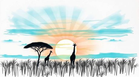 A captivating hand-drawn sketch depicts a serene sunset over the African savanna.  Silhouetted giraffes stand majestically ag