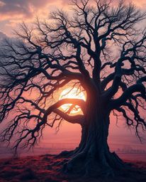 A dramatic scene unfolds as a smooth gradient sunset transitions behind an old oak tree with twisted branches. This image is 