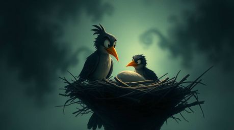A cinematic illustration in classic animation style depicts two cartoon birds constructing a nest. The dark tones, soft focus
