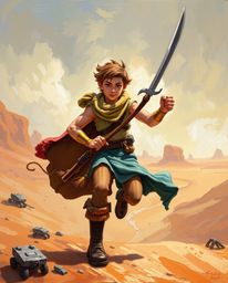 A brave, Disney-style hero embarks on a thrilling desert adventure, captured in a stunning classic oil painting. The artwork