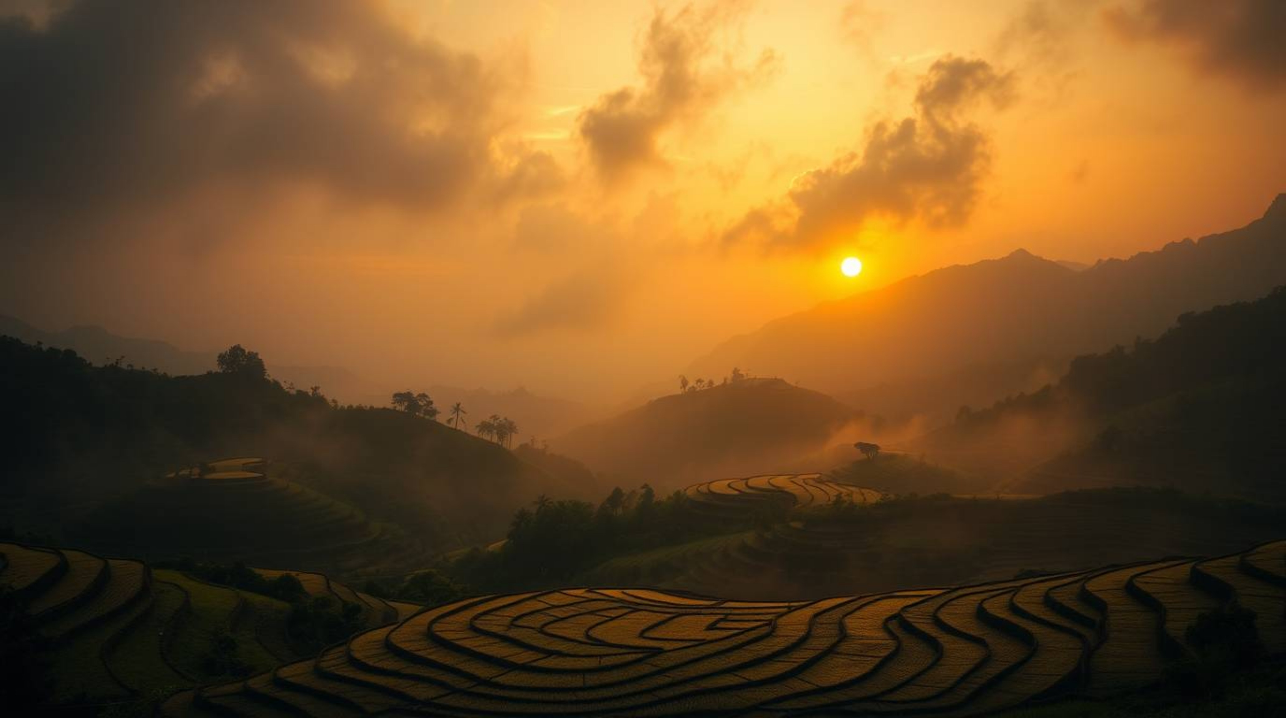 Experience a captivating sunset over mountain rice terraces, where intense dramatic lighting clashes with a soft, dreamy atmo