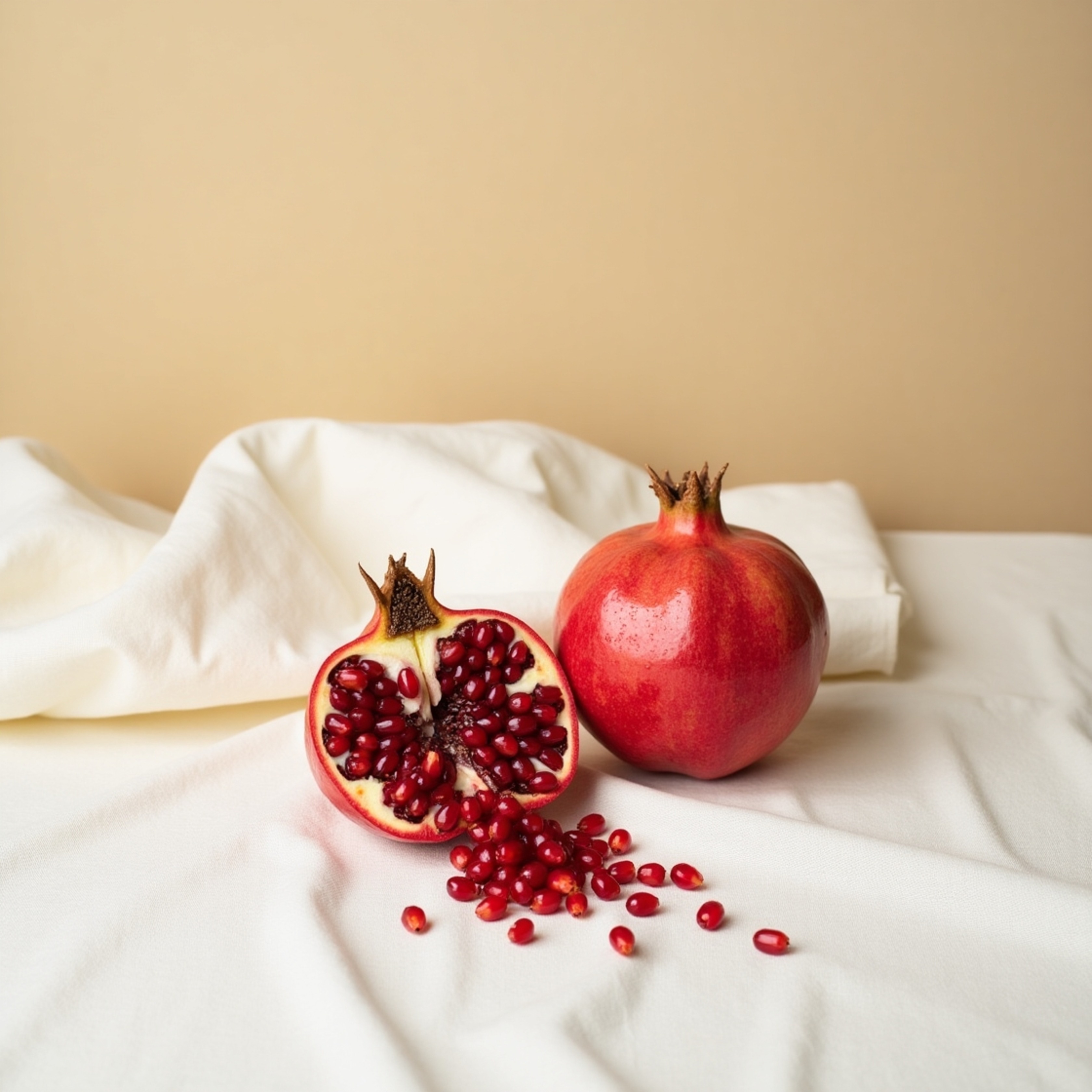 A captivating still life showcasing a vibrant, halved pomegranate with glistening red arils beautifully arranged on a crisp w