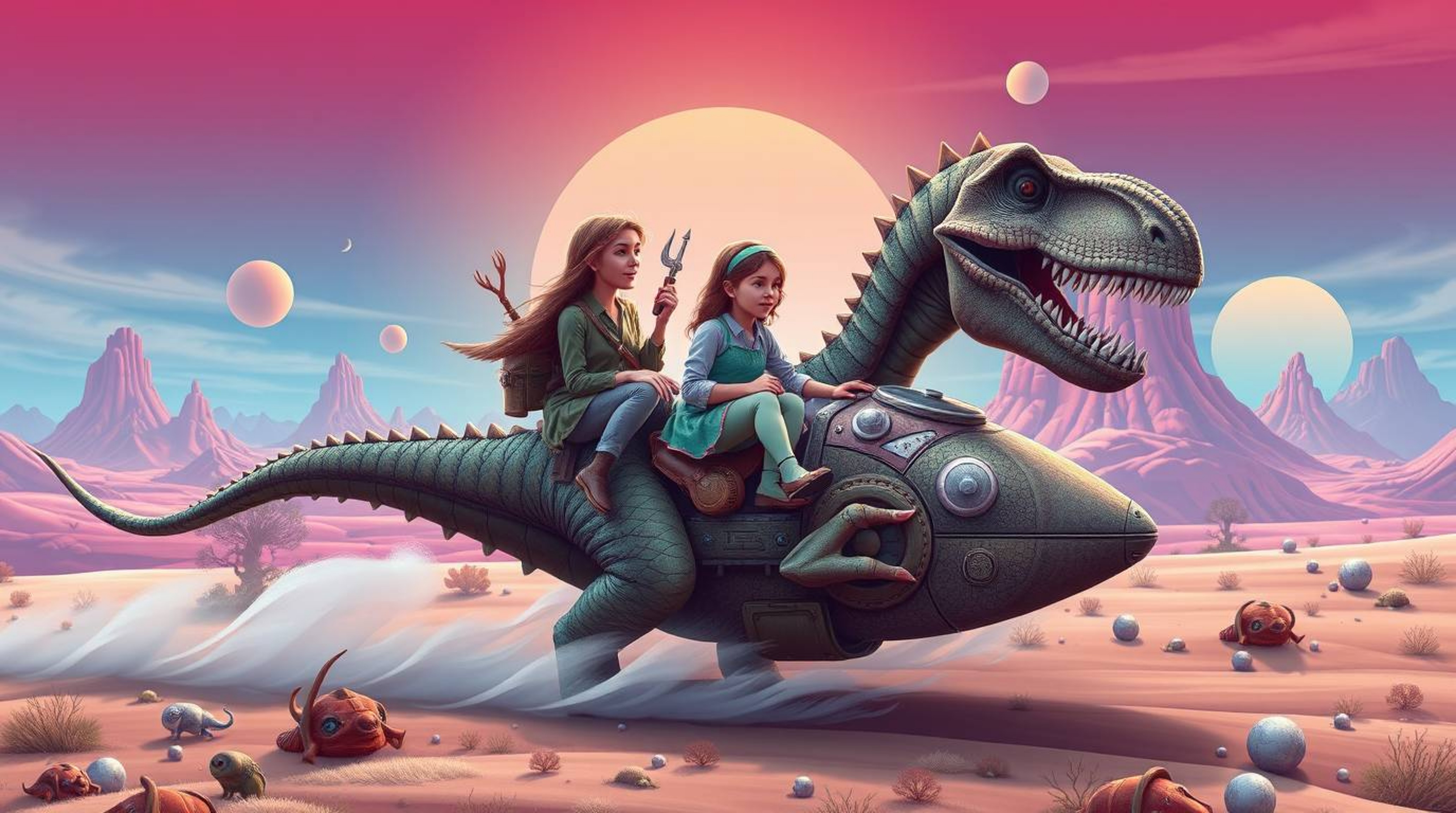 Embark on a whimsical journey with a prehistoric family as they cruise through a vibrant, surreal landscape in their unique d
