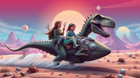 Embark on a whimsical journey with a prehistoric family as they cruise through a vibrant, surreal landscape in their unique d