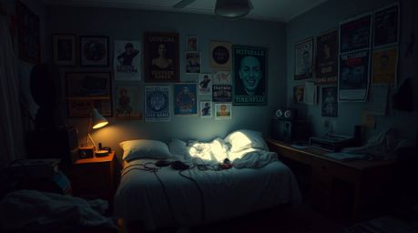 A dramatic and cinematic depiction of a messy bedroom filled with peculiar gadgets and posters. The scene is bathed in gentle