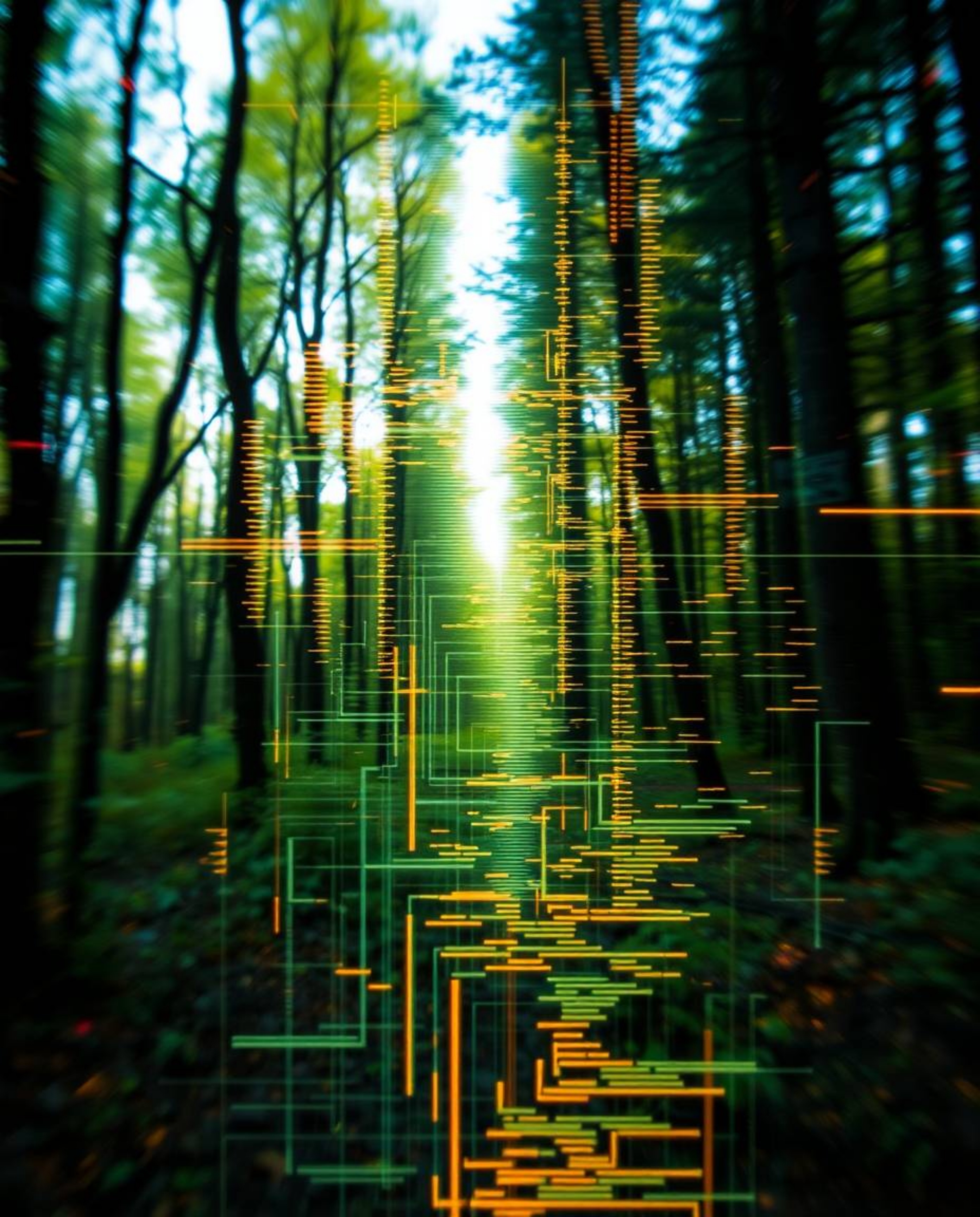 A captivating close-up shot showcasing a detailed digital glitch overlaying a serene natural forest, resulting in a surreal a