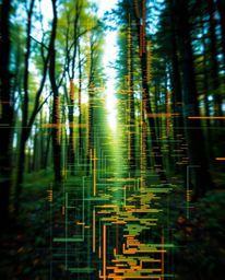 A captivating close-up shot showcasing a detailed digital glitch overlaying a serene natural forest, resulting in a surreal a