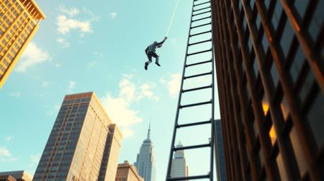 A captivating bronze sculpture depicts a businessperson ascending a transparent ladder that disappears into a vibrant blue sk