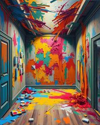 Immerse yourself in a room exploding with paint, captured in the timeless elegance of a classic oil painting.  Experience the