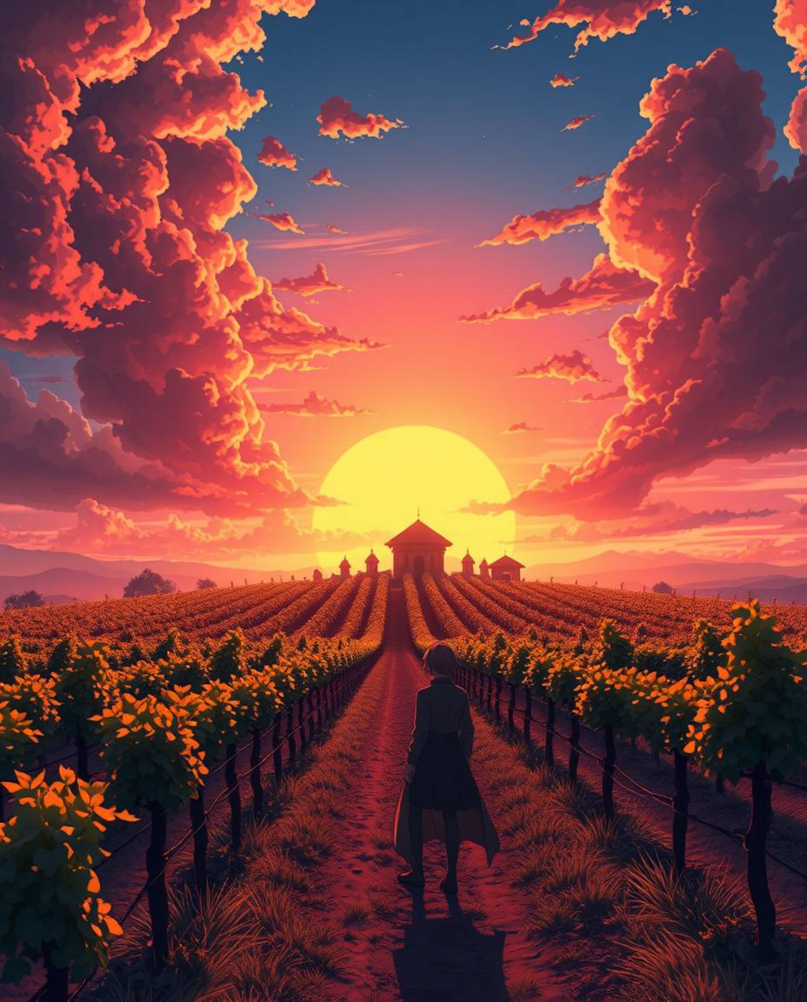 Witness a breathtaking sunset over a vineyard, reimagined in an epic Isekai anime style. This artwork features a grand scale 