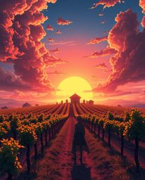 Witness a breathtaking sunset over a vineyard, reimagined in an epic Isekai anime style. This artwork features a grand scale 