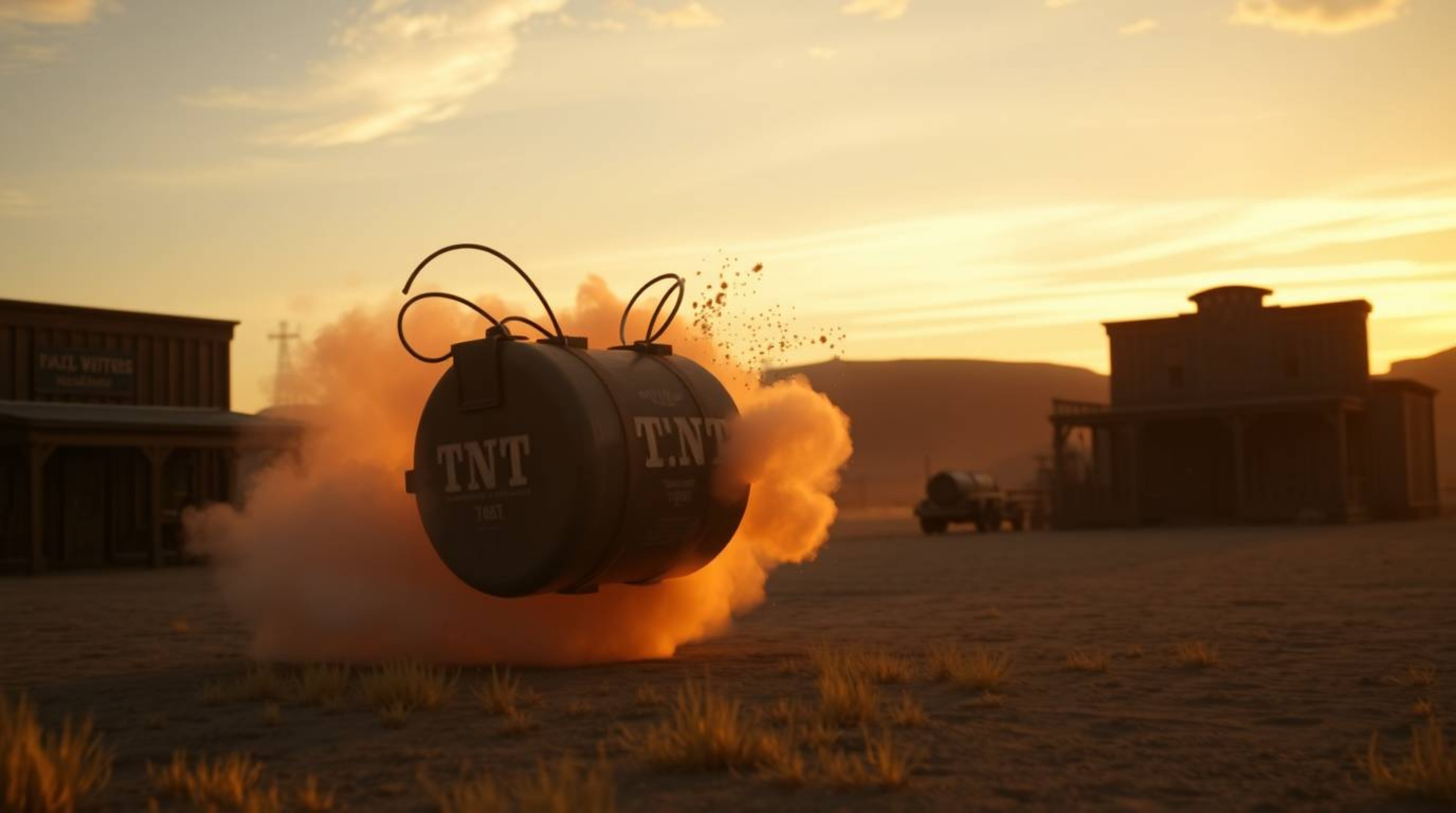 Experience a classic exploding TNT gag set in the wild west, bathed in the warm, golden light of either sunrise or sunset. Th
