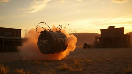 Experience a classic exploding TNT gag set in the wild west, bathed in the warm, golden light of either sunrise or sunset. Th