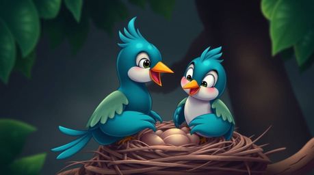 Capture the heartwarming scene of two cartoon birds with rich, deep teal plumage diligently building a nest. This high-resolu