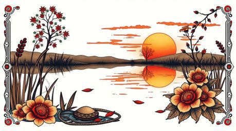 This art print features a traditional tattoo style depiction of a calm pond mirroring a vibrant sunset. The artwork is rich i