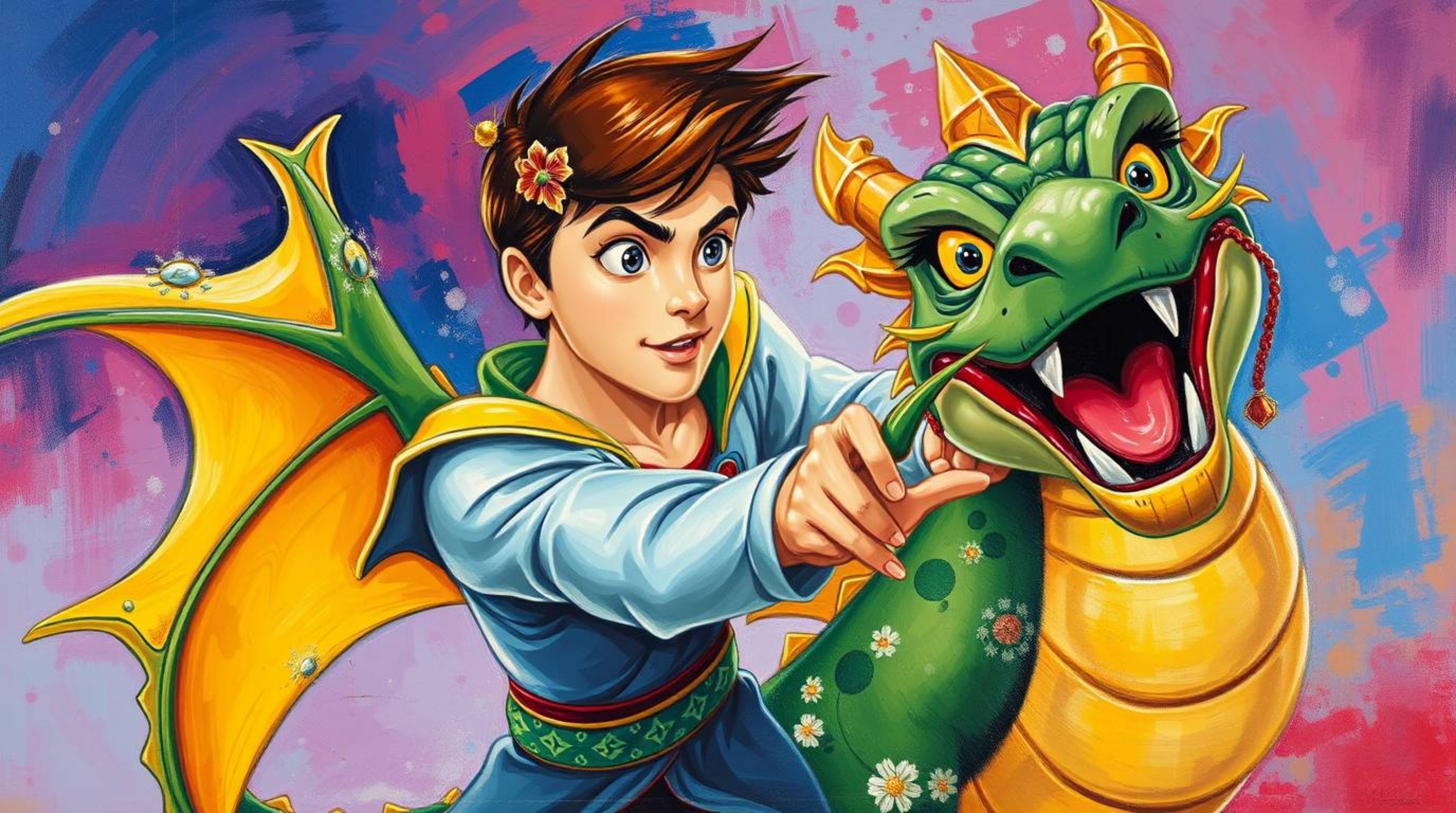 A vibrant acrylic painting depicting a charming prince in a graceful pose battling a dragon.  Rendered in a classic 1950s ani