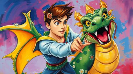 A vibrant acrylic painting depicting a charming prince in a graceful pose battling a dragon.  Rendered in a classic 1950s ani