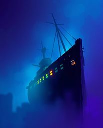 Explore a dramatic and atmospheric digital sketch of a shipwreck illuminated deep underwater. This unfinished concept art pie