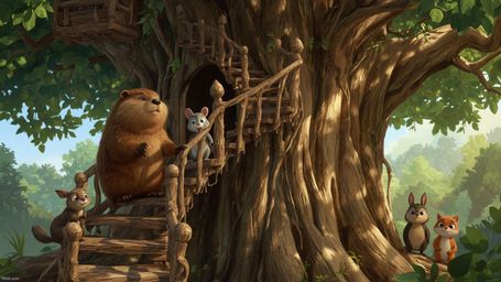 A highly detailed, high-resolution digital illustration, inspired by Pixar's whimsical style, depicts a kind-eyed beaver buil