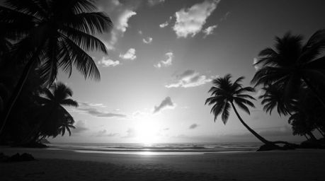 A dreamlike, surreal black and white image depicts a tropical beach at sunset.  Palm trees sway gently in the breeze, seamles