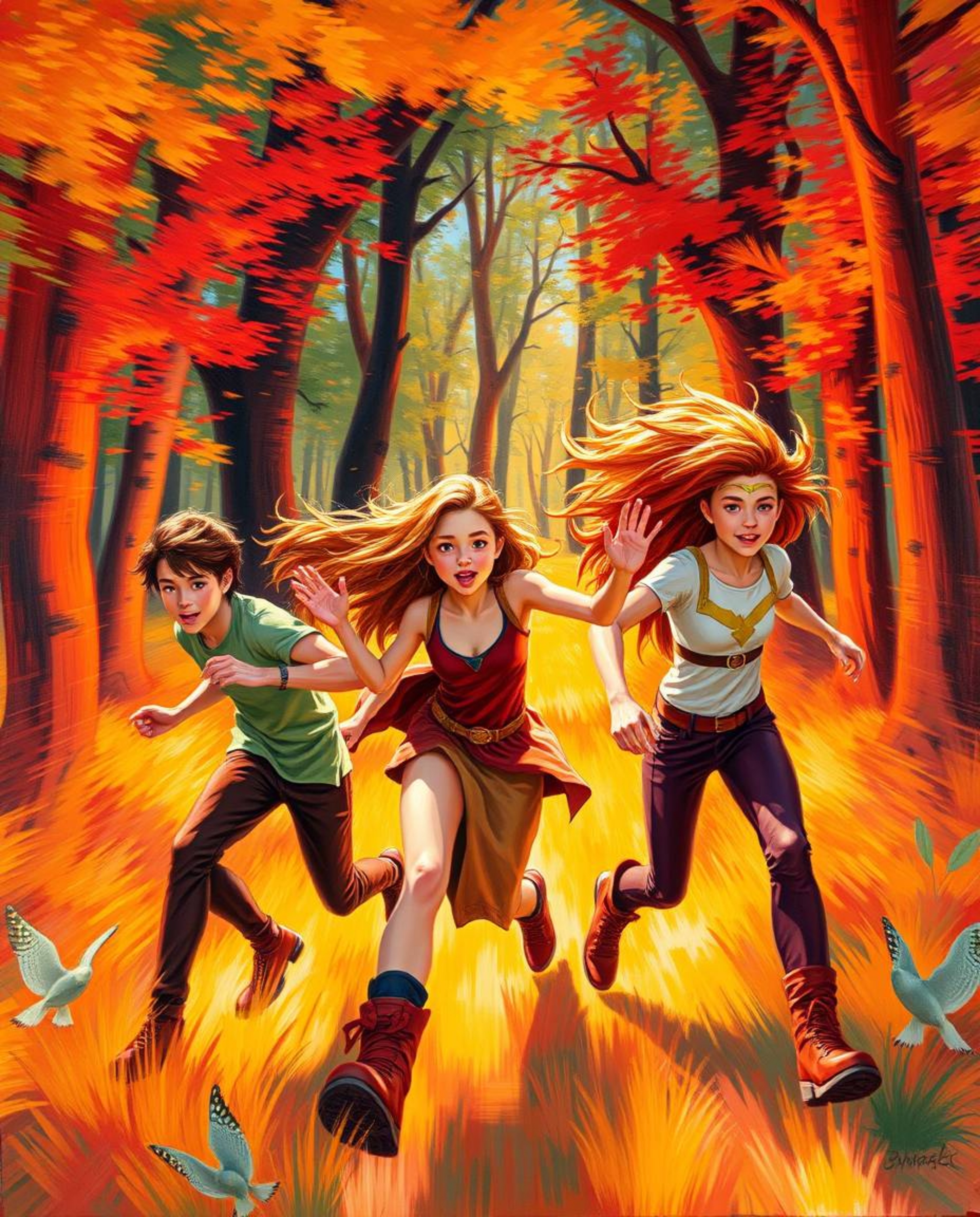 A captivating dynamic painting depicts a group of friends possessing unique powers, engaging in action-packed poses within a