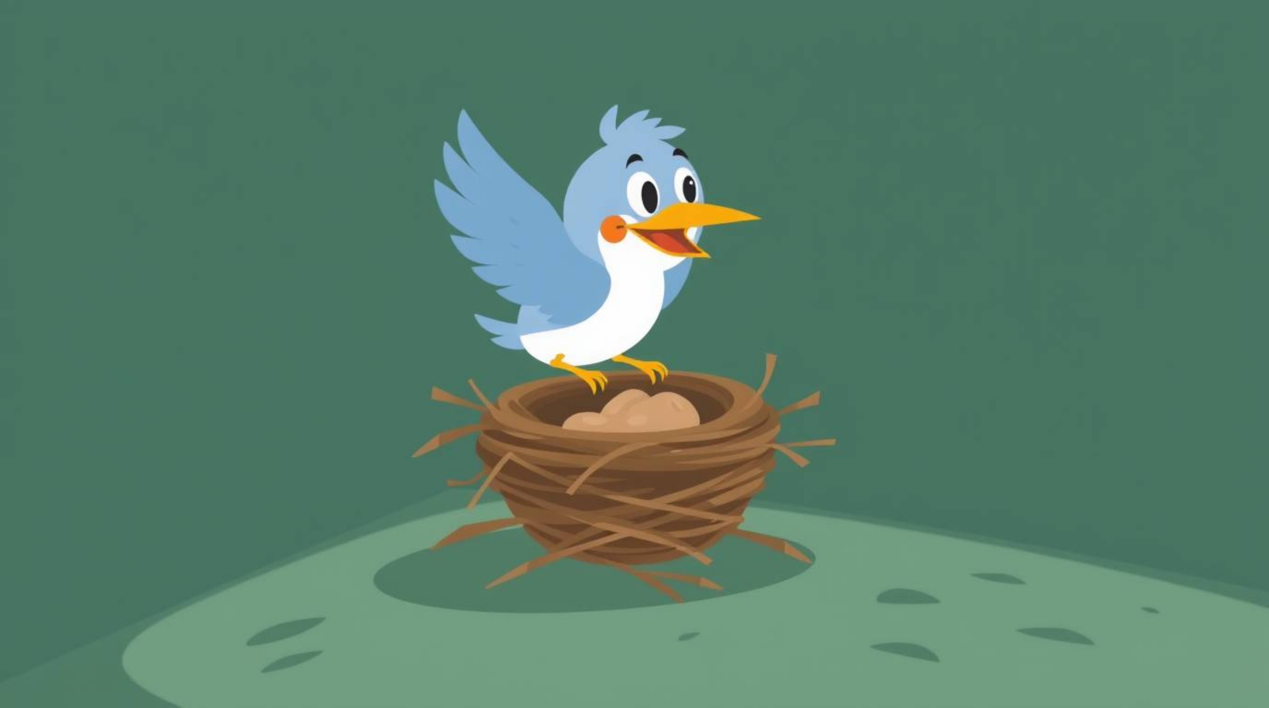 A modern flat design showcases dynamic motion with two cartoon birds diligently building a nest in a classic animation style.