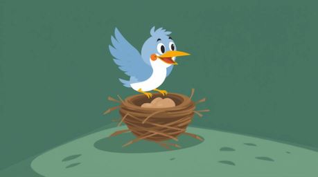 A modern flat design showcases dynamic motion with two cartoon birds diligently building a nest in a classic animation style.