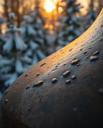 An extreme macro close-up captures the enchanting scene of sunset light sparkling on snowy pine trees, rendered with the uniq