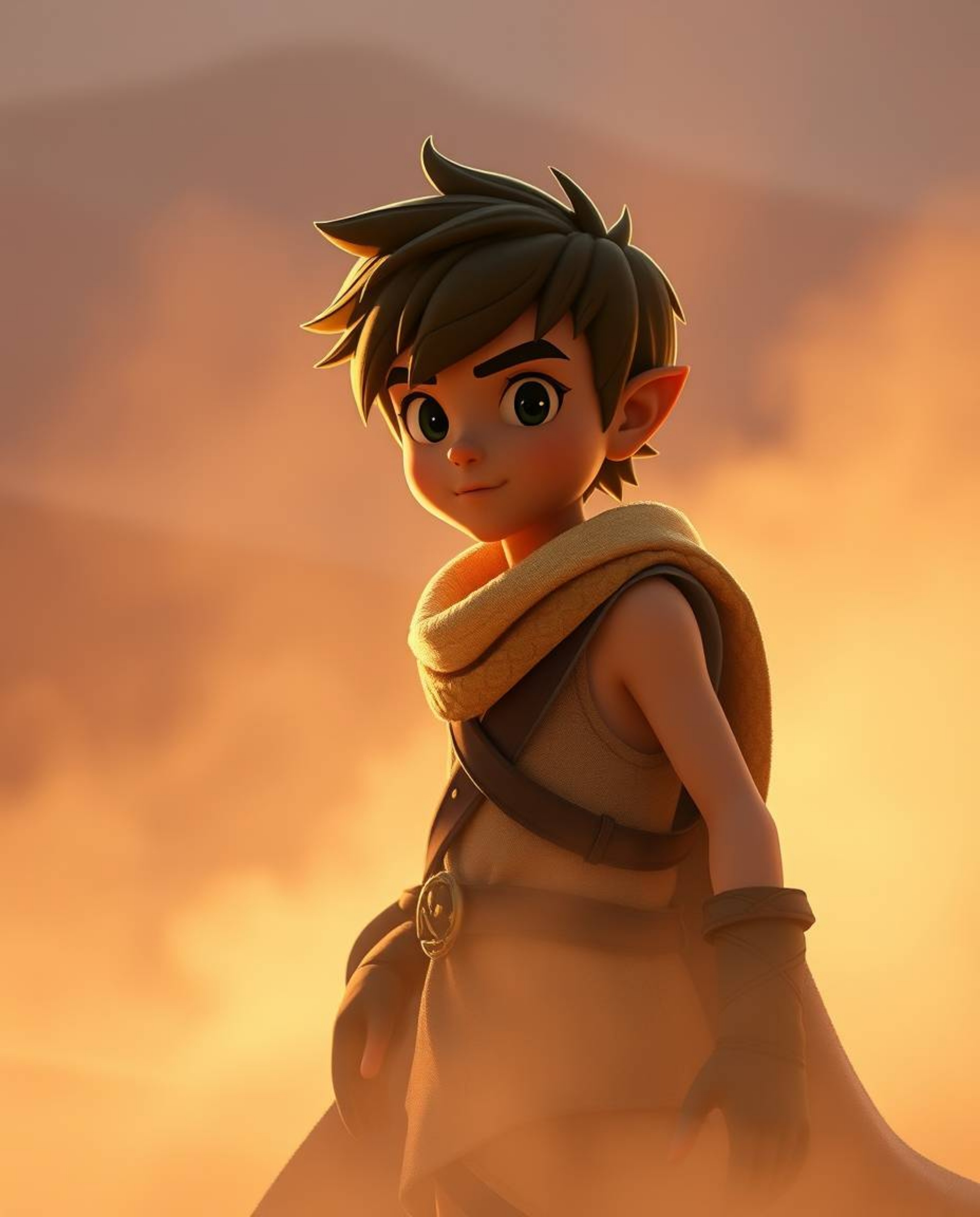 Embark on a captivating mystical desert adventure with a brave Disney-style hero, enveloped in an ethereal and spiritual vibe