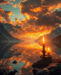 A futuristic sci-fi image that uniquely blends warm autumn colors and the cozy aesthetics of flickering candlelight with elem