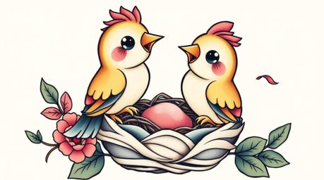 This art print features a charming traditional tattoo design of two cartoon birds diligently building a nest. Rendered in a c