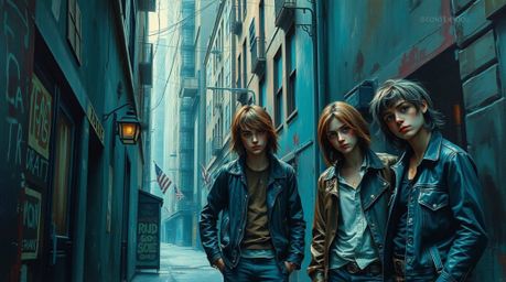 A captivating oil painting depicts a grungy city alley bathed in rich, deep teal hues.  Rebellious teens, rendered with visib