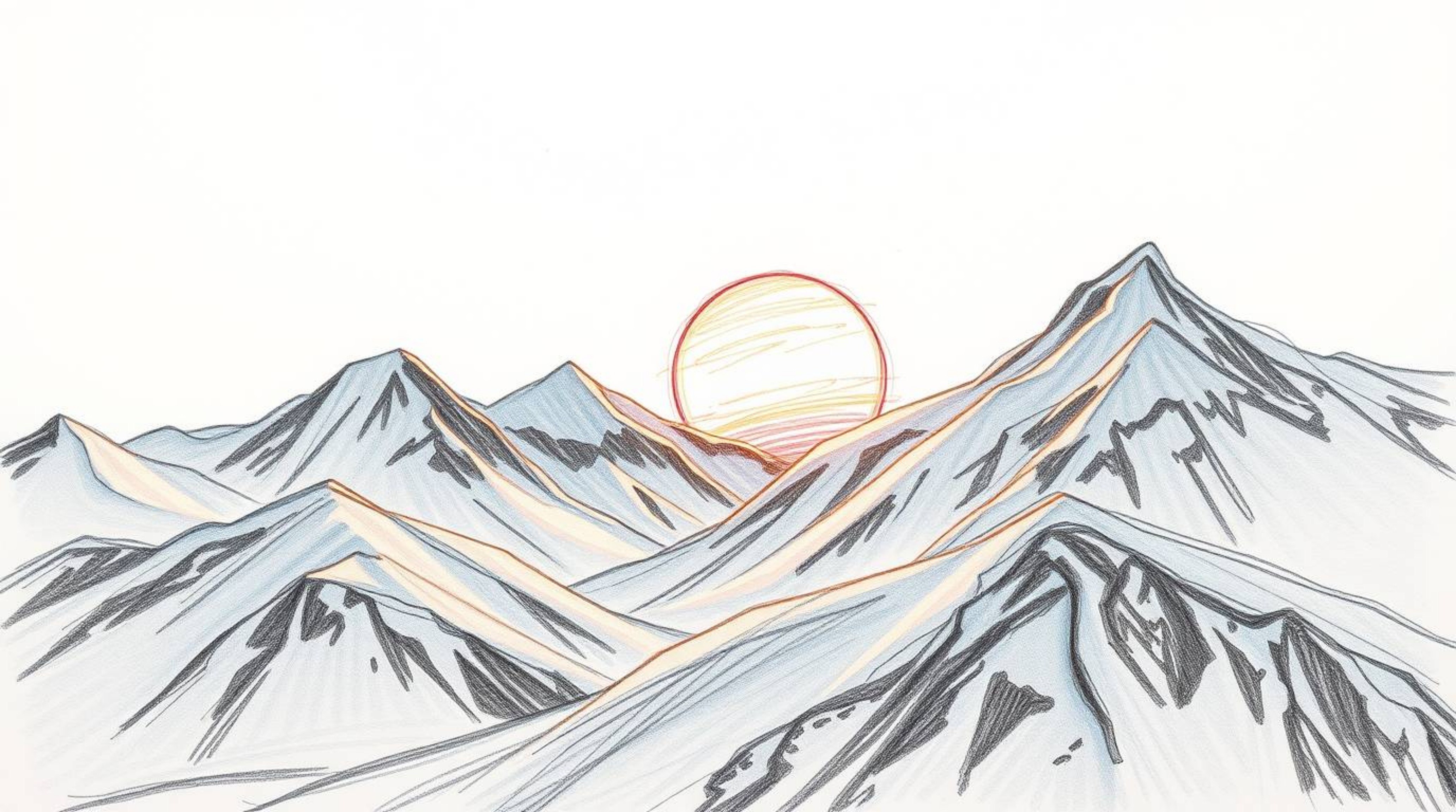 A captivating extreme macro hand-drawn sketch depicts snow-covered mountains bathed in the warm glow of a pastel sunset.  The