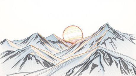 A captivating extreme macro hand-drawn sketch depicts snow-covered mountains bathed in the warm glow of a pastel sunset.  The