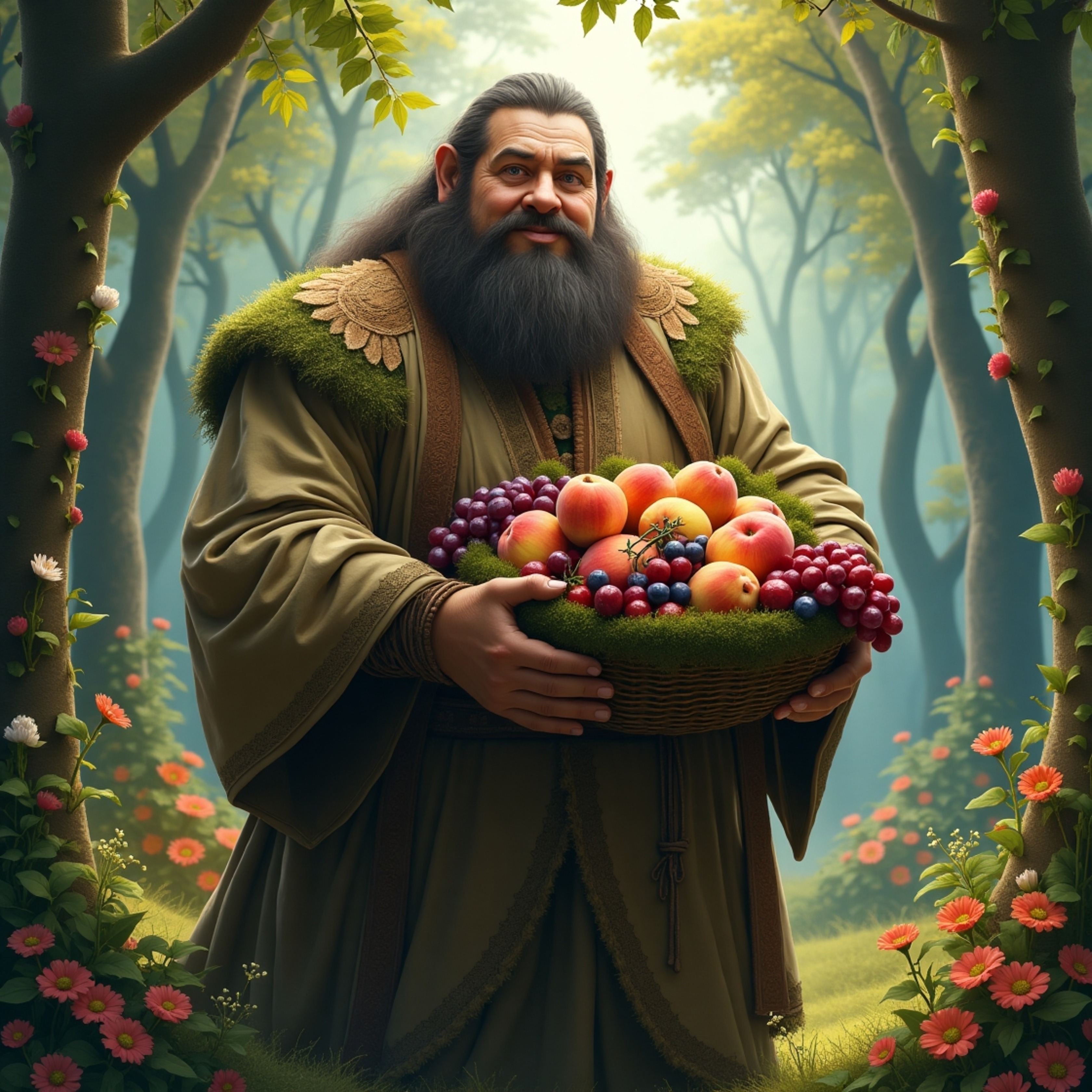 A majestic gentle giant, radiating serenity, stands in an enchanted forest.  He wears a flowing, earth-toned tunic adorned wi