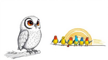 A heartwarming hand-drawn sketch in the style of Pixar depicts a blind owl with soft, feathery texture, gently teaching a cla