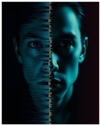A captivating image showcasing a dramatic cinematic split screen effect.  A digital glitch transforms a human face into a flo