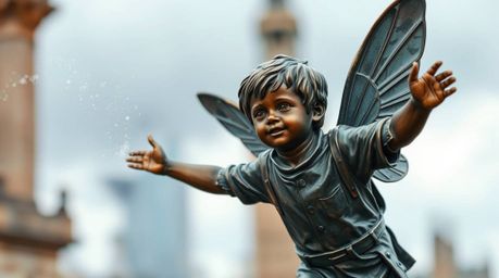 This image captures a whimsical scene of a young boy soaring above London, propelled by magical pixie dust. The artwork is en