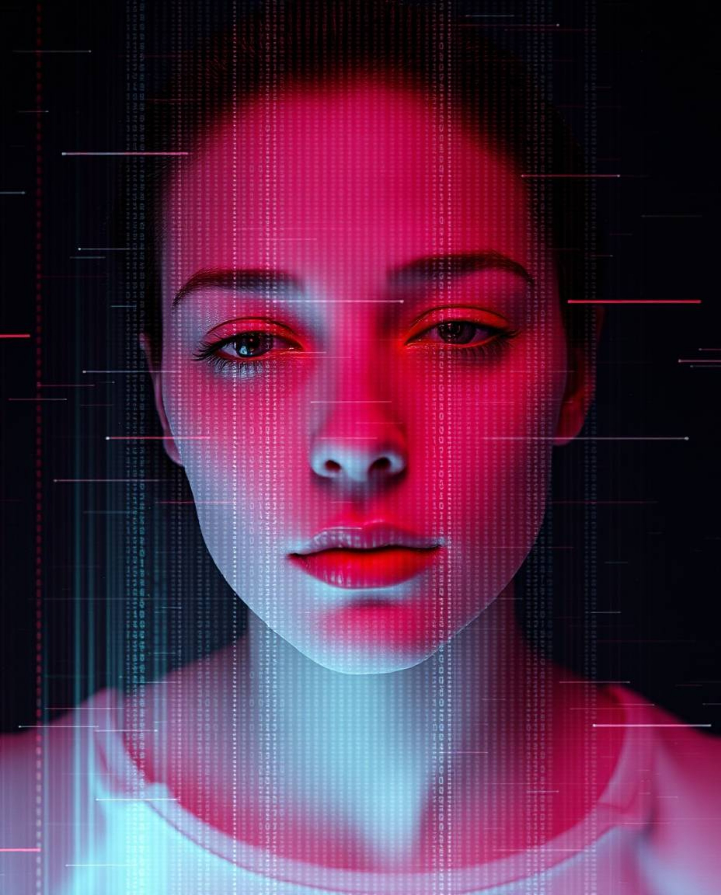 A captivating image showcasing a digital glitch transforming a human face into a mesmerizing data stream. Rendered in surreal