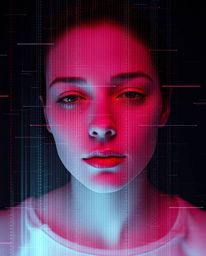 A captivating image showcasing a digital glitch transforming a human face into a mesmerizing data stream. Rendered in surreal