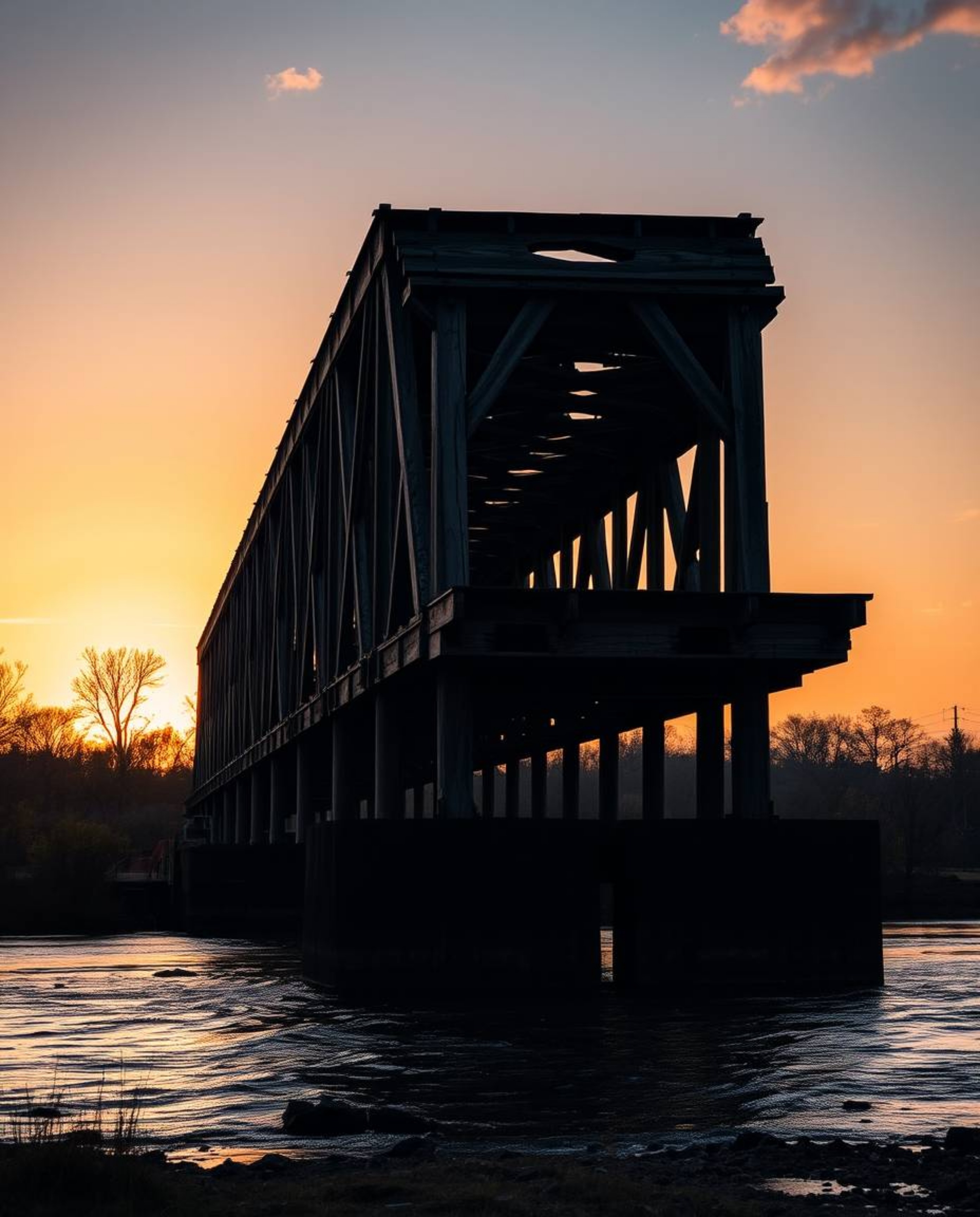 A professional, fine art photograph capturing an epic scene of an old wooden bridge over a river at sunset. This image is def