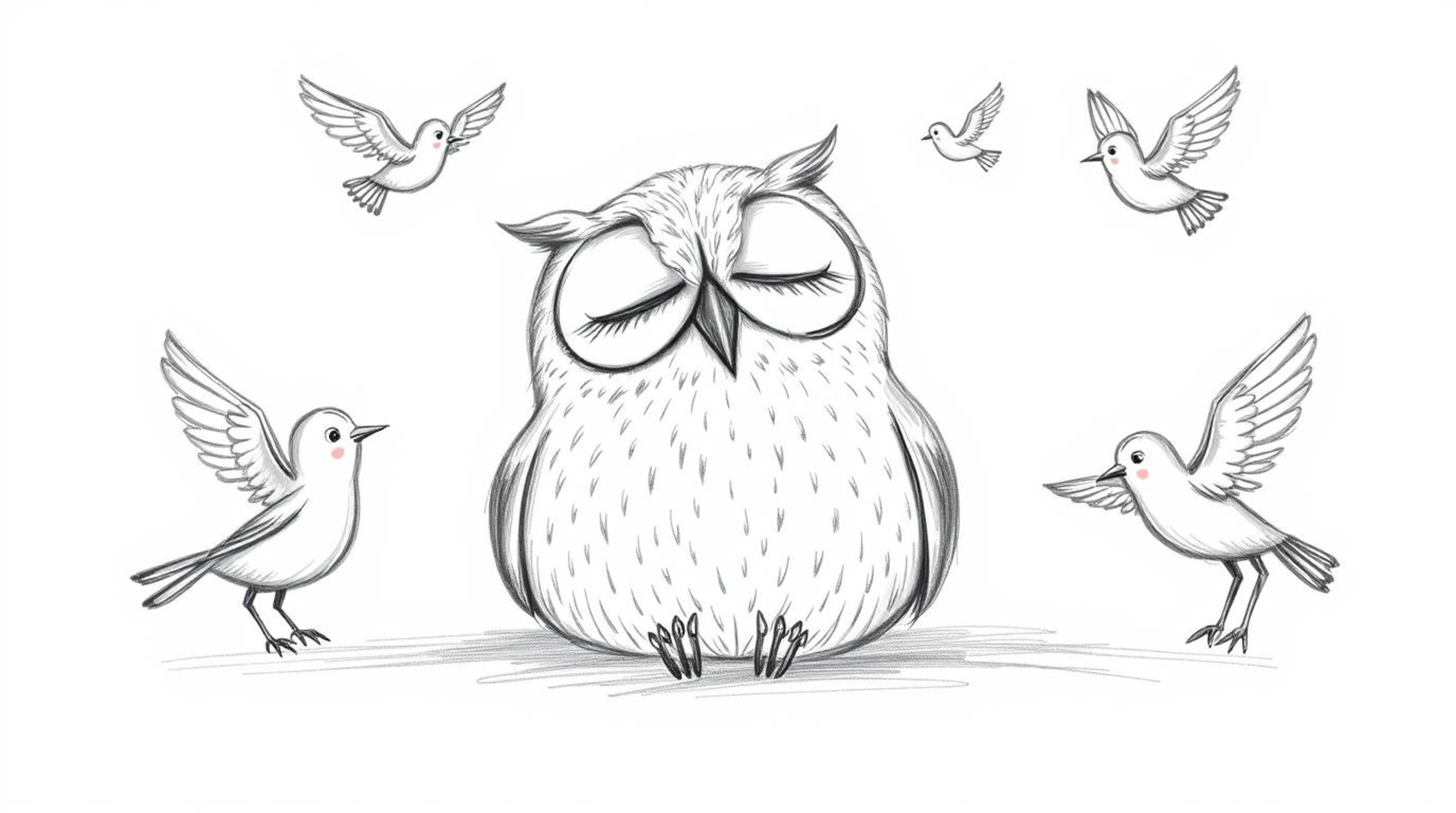 A heartwarming hand-drawn sketch in the style of Pixar depicts a peaceful blind owl, textured with soft pencil strokes, resti