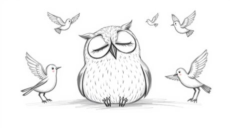 A heartwarming hand-drawn sketch in the style of Pixar depicts a peaceful blind owl, textured with soft pencil strokes, resti