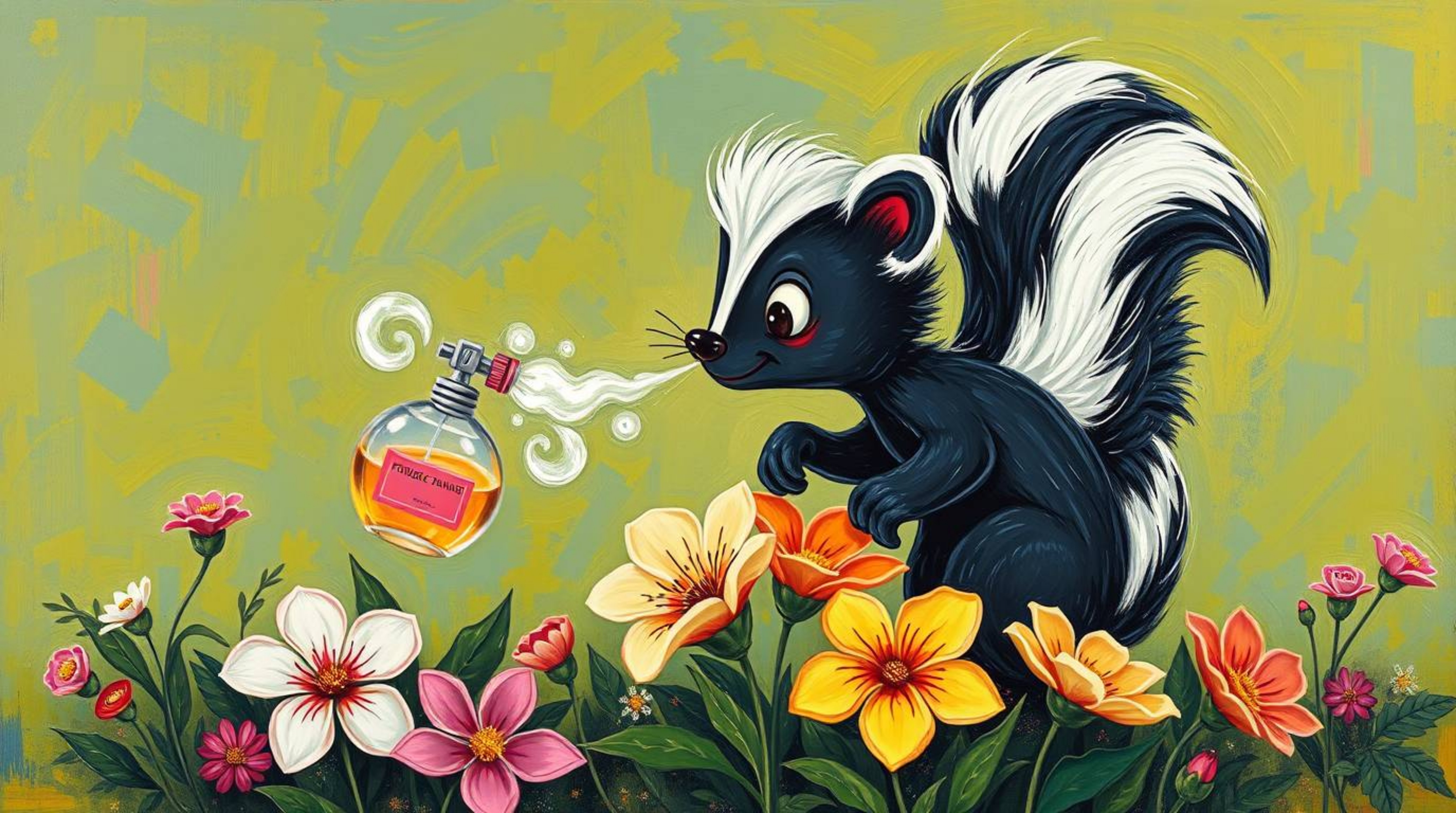 This bold acrylic painting showcases a whimsical cartoon skunk spraying perfume onto delicate flowers. The artwork features a